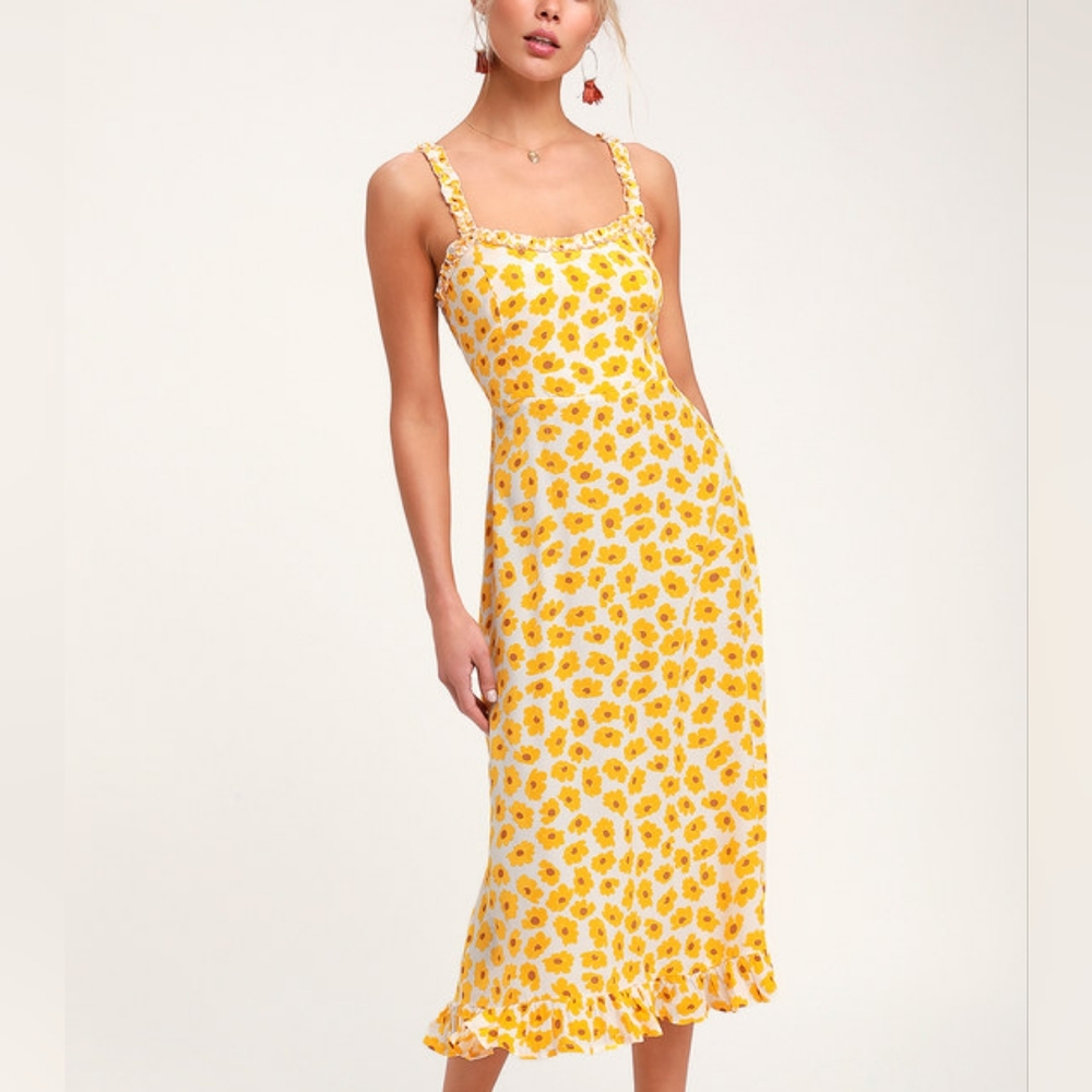 Faithful The Brand Noemie  Yellow Floral Print Ruffled Midi Dress